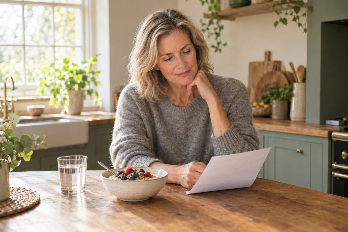 A calm woman in her mid-fifties reads at a warm British kitchen island with morning porridge and a glass of water, illustrating a UK evidence guide to turmeric for cholesterol.