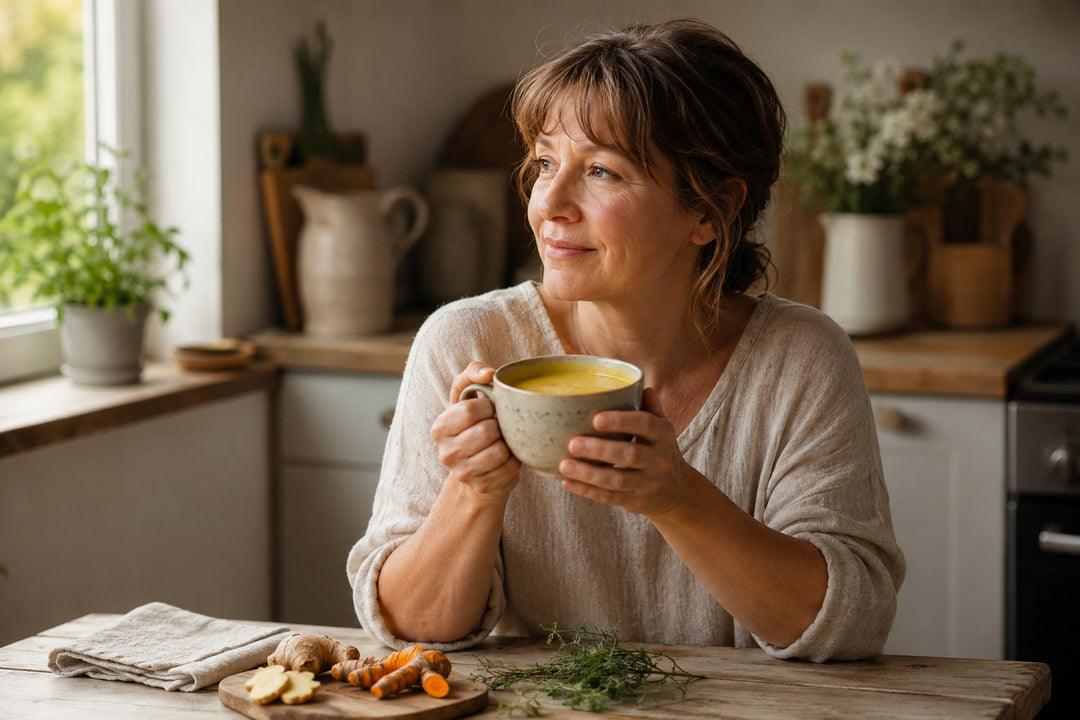 A woman in her fifties cradles a warm mug of turmeric latte in a bright British kitchen, illustrating a UK guide to turmeric side effects and who should skip it.