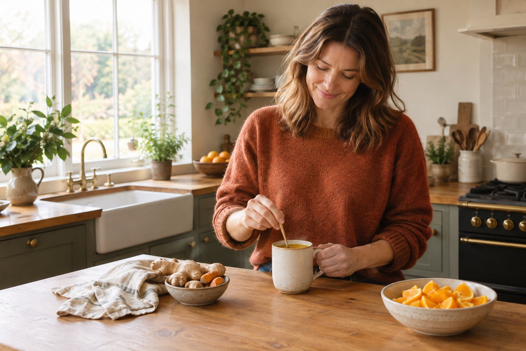 A British woman in her late thirties stirs a mug of golden herbal tea at an oak kitchen counter beside fresh ginger and turmeric root on an autumn morning, illustrating a 2026 UK head-to-head guide to turmeric and ginger.