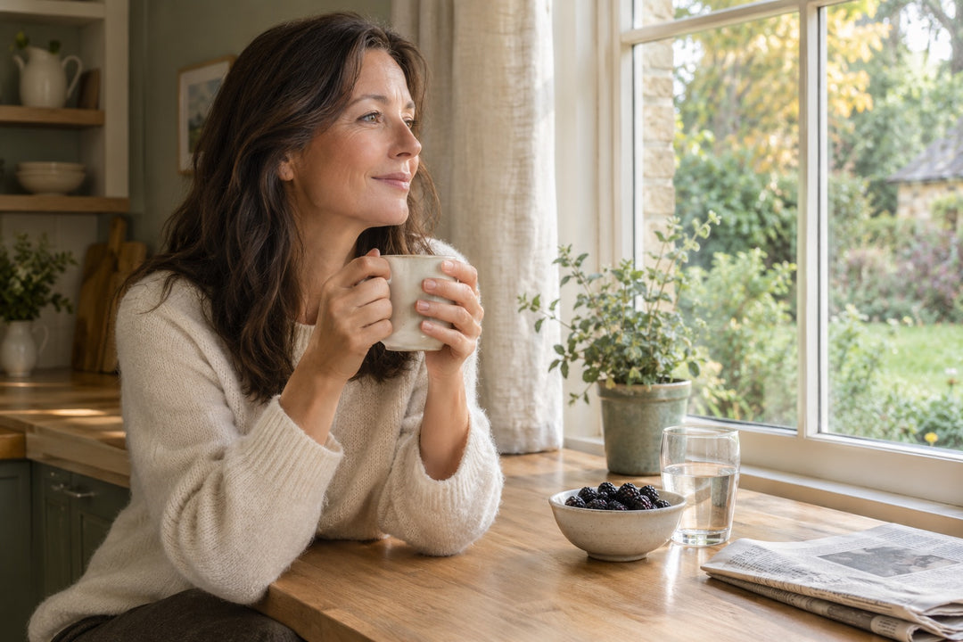 A British woman in her mid-forties holds a mug of tea by a bright kitchen window on a soft autumn morning, illustrating a 2026 UK guide to how long vitamin D takes to work.