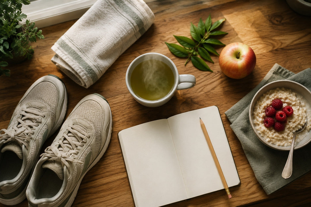 Overhead flat lay of a British breakfast scene with green tea, oats, raspberries and running trainers, illustrating a UK guide to evidence-based weight loss supplements