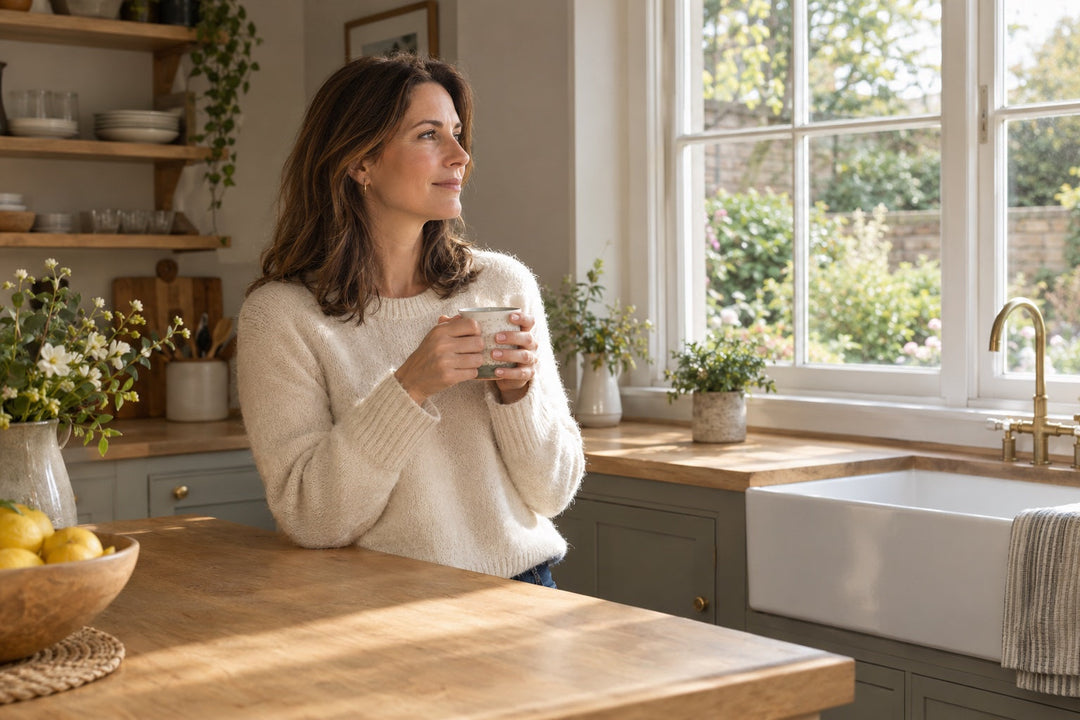 A woman in her mid-40s stands at a light-oak kitchen island holding a cup of tea in warm morning light, illustrating a UK beginner's guide to NMN and NAD+