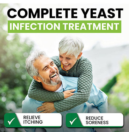 Happy older couple enjoying life with text promoting complete yeast infection treatment for relief from itching and soreness.
