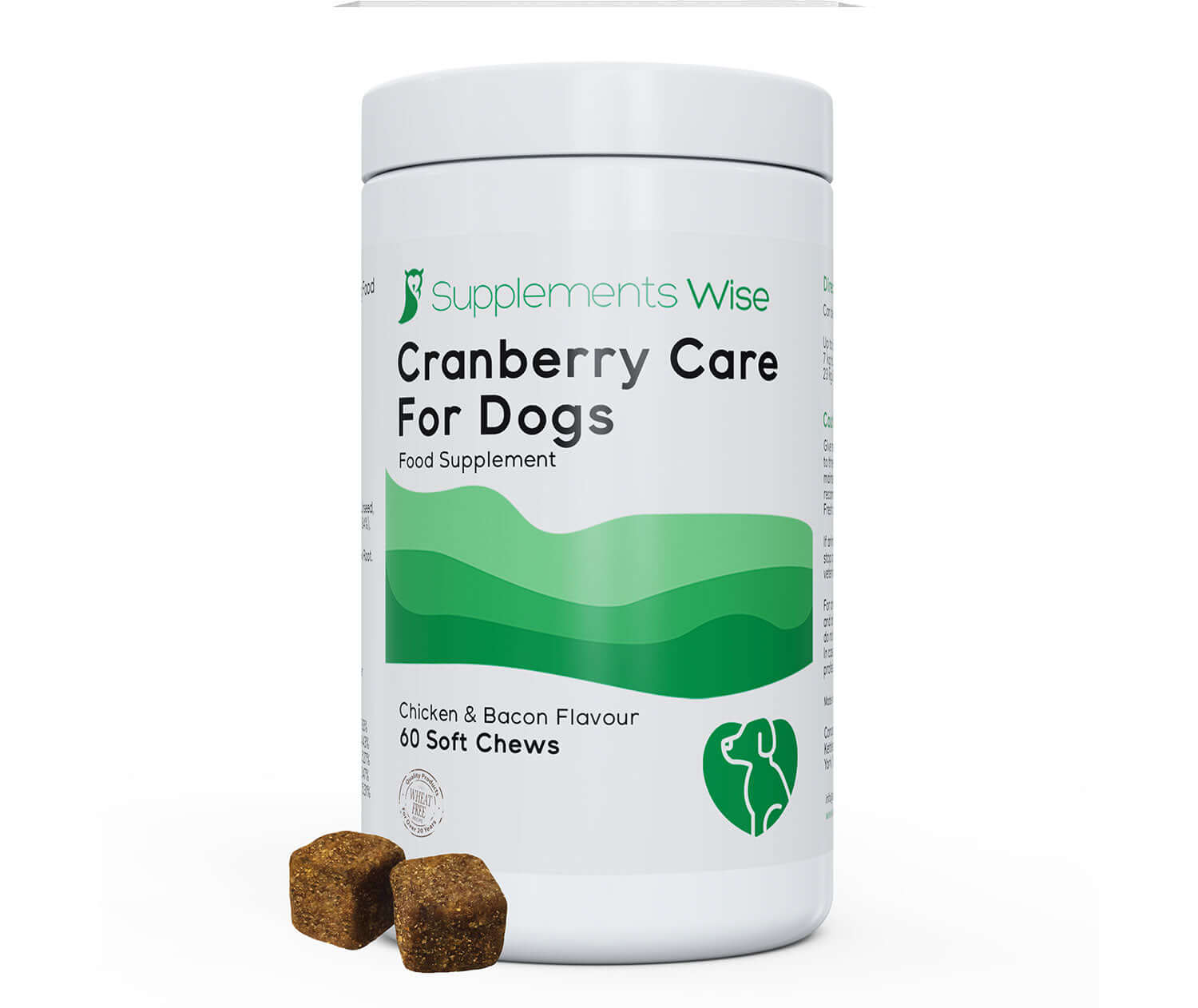 Supplements Wise Cranberry Care for Dogs supplement container with two chews on a white background