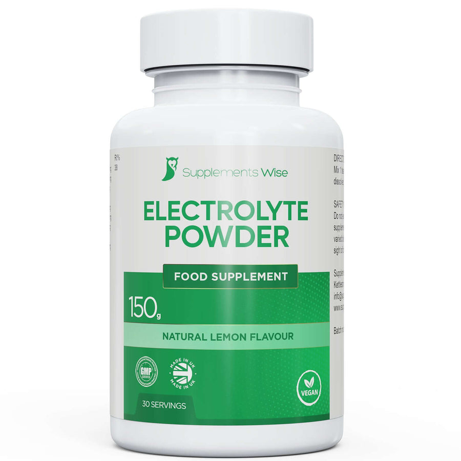 Electrolyte Powder 150g food supplement in natural lemon flavour, suitable for vegans, 30 servings.