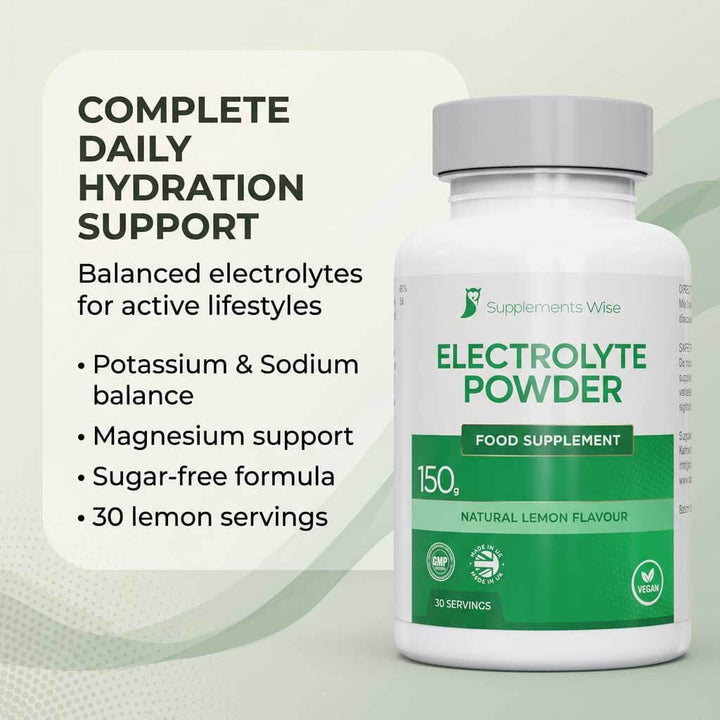Supplements Wise Electrolyte Powder bottle with product details on a light background
