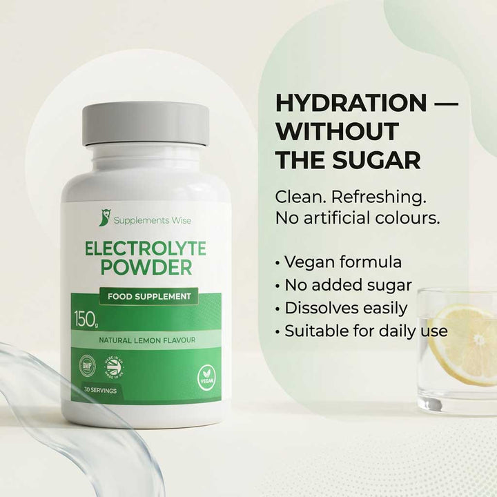 Electrolyte powder supplement bottle with promotional text on a light background