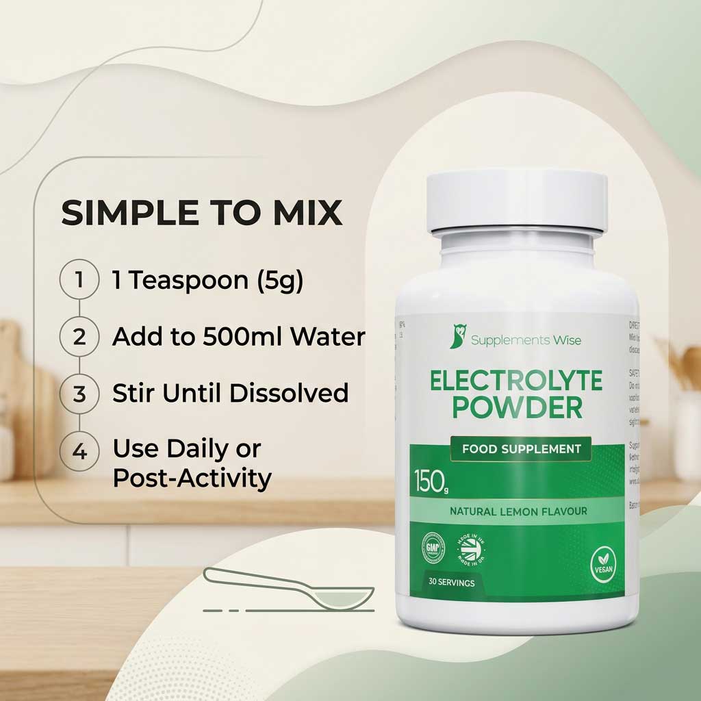 Supplement bottle labeled 'Electrolyte Powder' with instructions on a light background