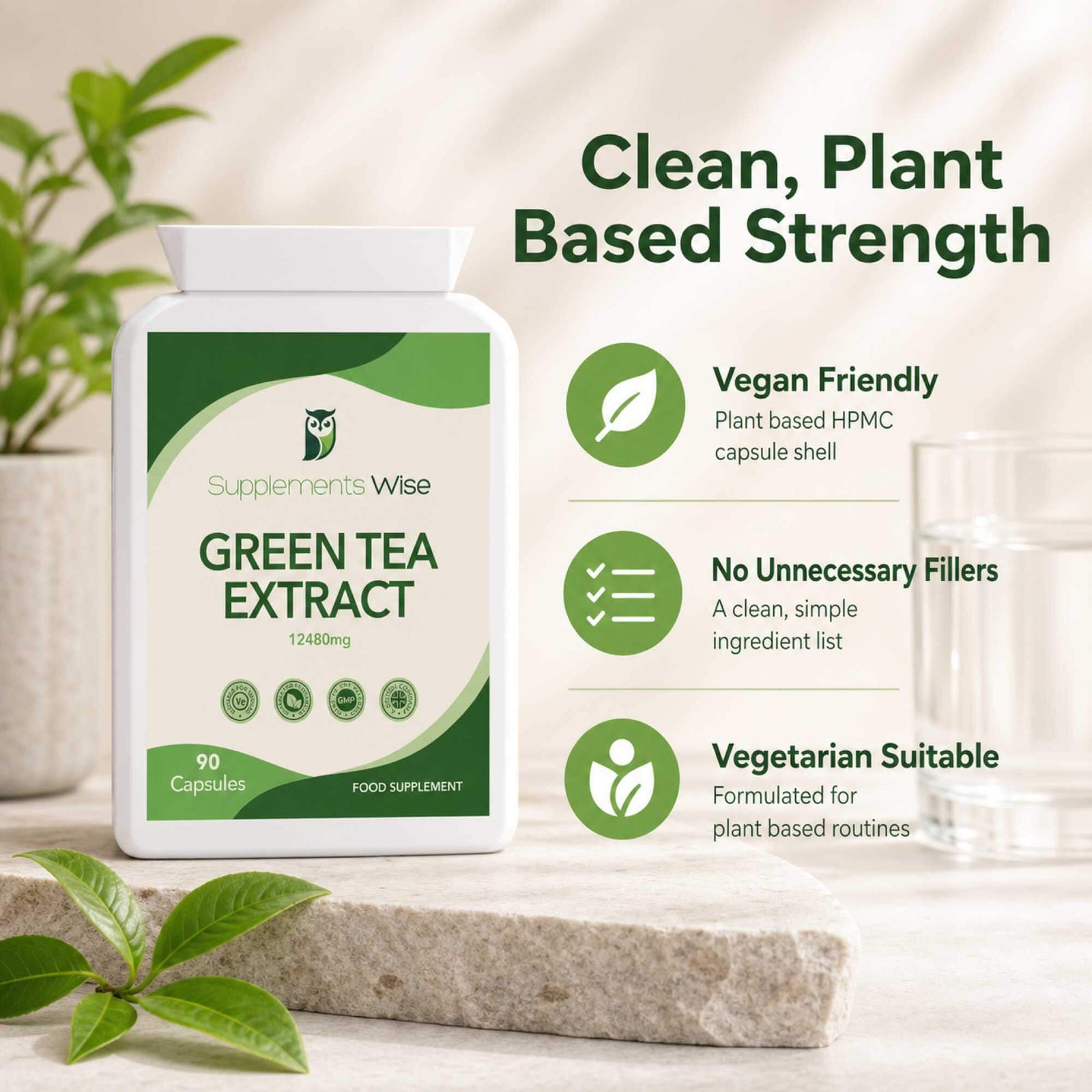 Green Tea Extract is vegan friendly with a plant-based HPMC shell and no unnecessary fillers