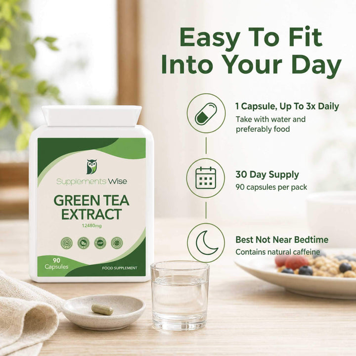 Green Tea Extract dosage: one capsule up to three times daily, 90 capsules for a 30-day supply