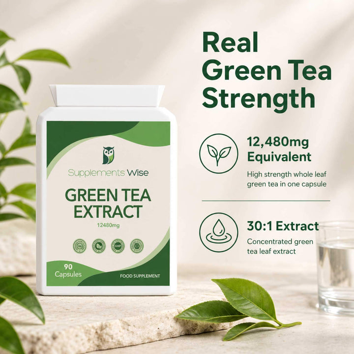 Green Tea Extract 30:1 concentrate, equivalent to 12,480mg of whole leaf green tea per capsule