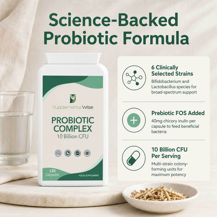 Probiotic Complex 10 Billion CFU | 6 Strains + Prebiotic FOS | 120 Vegan Capsules