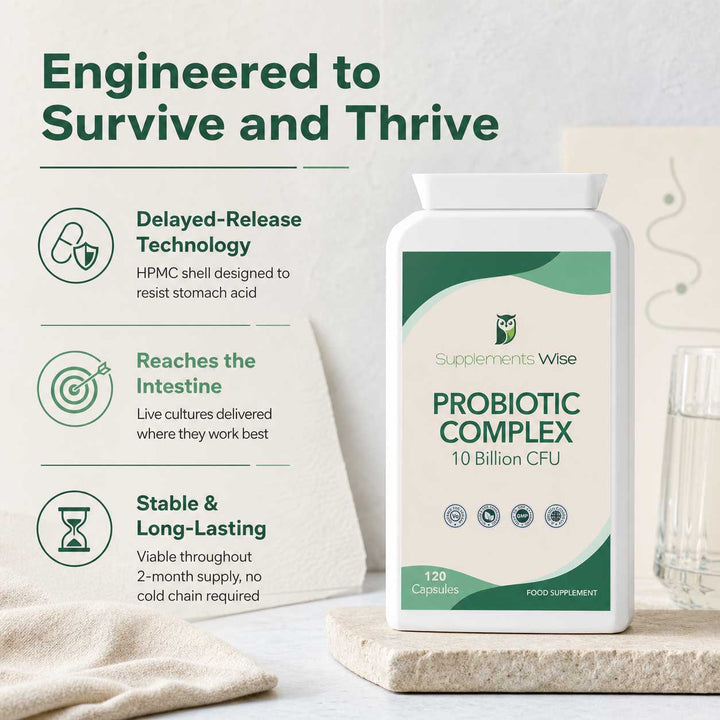 Probiotic Complex 10 Billion CFU | 6 Strains + Prebiotic FOS | 120 Vegan Capsules